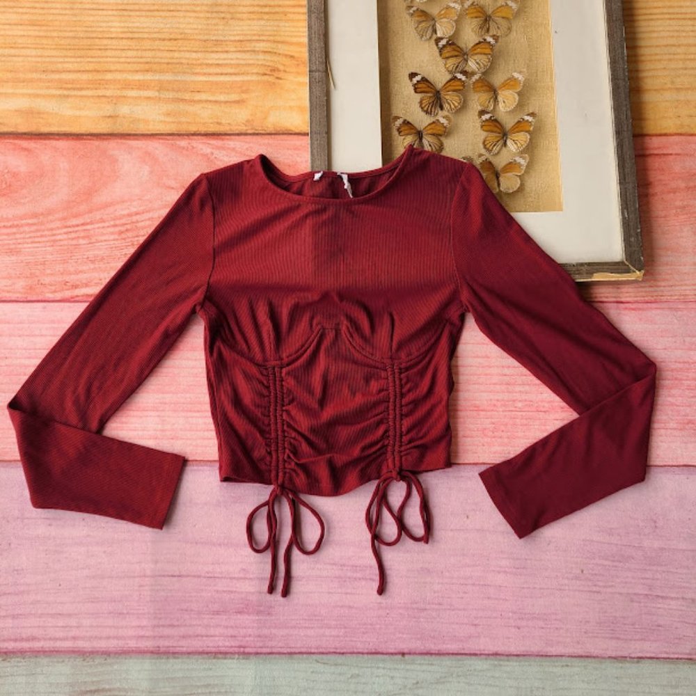 Princess Polly Burgundy Long Sleeve Underwire Twin Ruched Fitted Cropped Top 6US